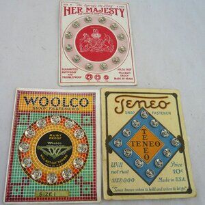 3 antique sewing snap cards advertising Teneo Woolco Her Majesty notion
